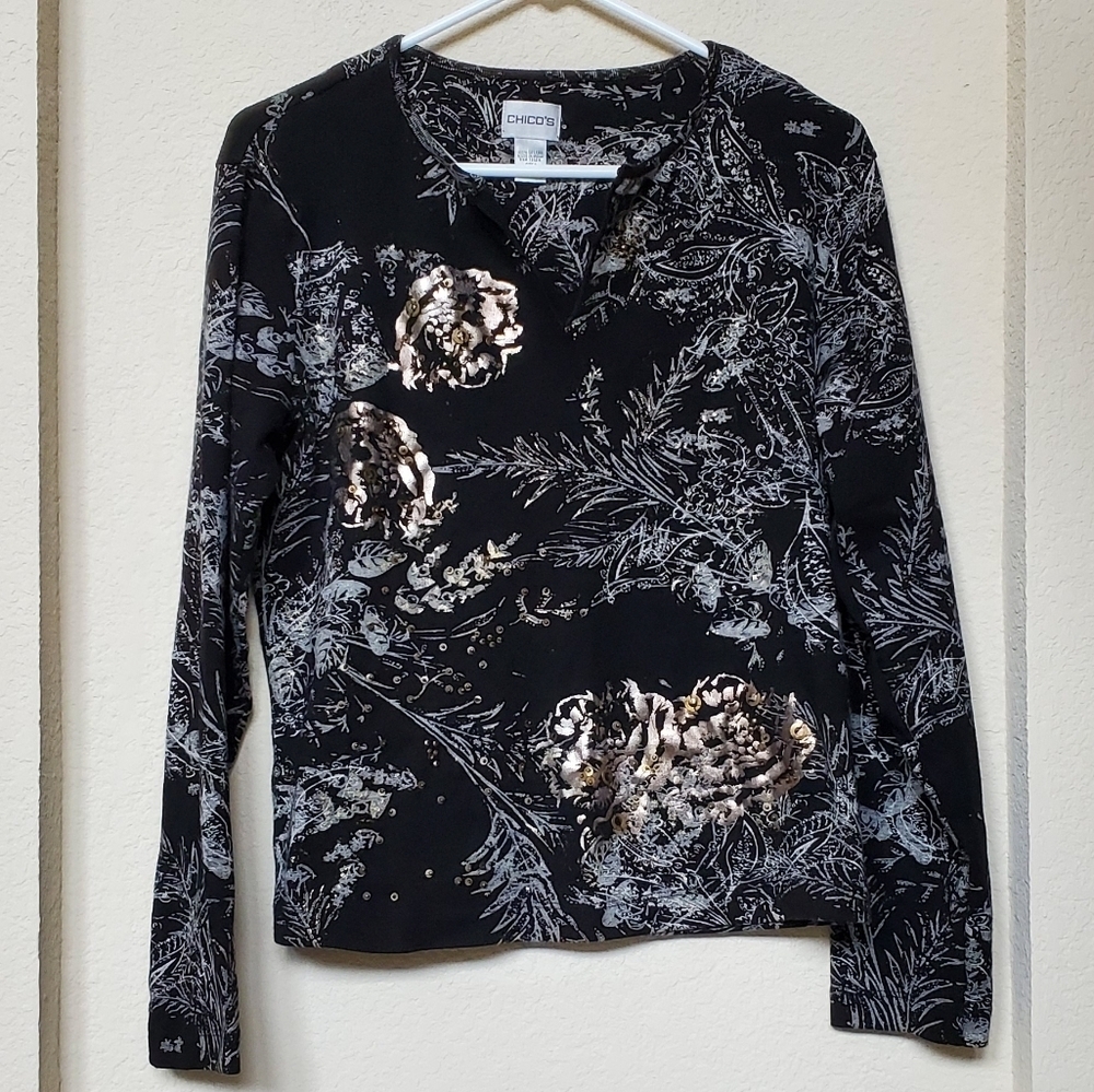 Chicos L/S Gold Metallic print with Grommets. Size 2 (12--Large)